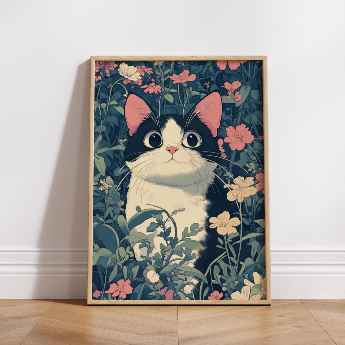 Whimsical Cat Nature Poster Cute Art Print Floral Wall Decor Lover Gift Home