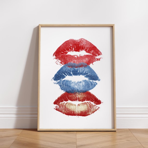 Red Blue and Gold Lipstick Kiss Print Bold Pop Art for Makeup Lovers