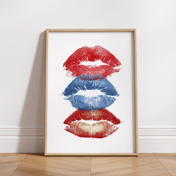 Red Blue Gold Lip Print Wall Art Modern Kiss Poster Bold Pop Lips Makeup Lover Decor Fashion Glam