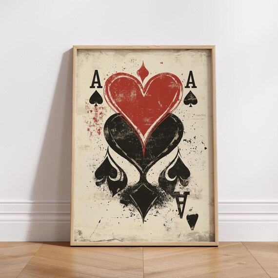 Grunge Playing Card Wall Art Ace Of Spades And Hearts Poster Vintage Poker Print For Game Room Bar Or Man Cave Decor