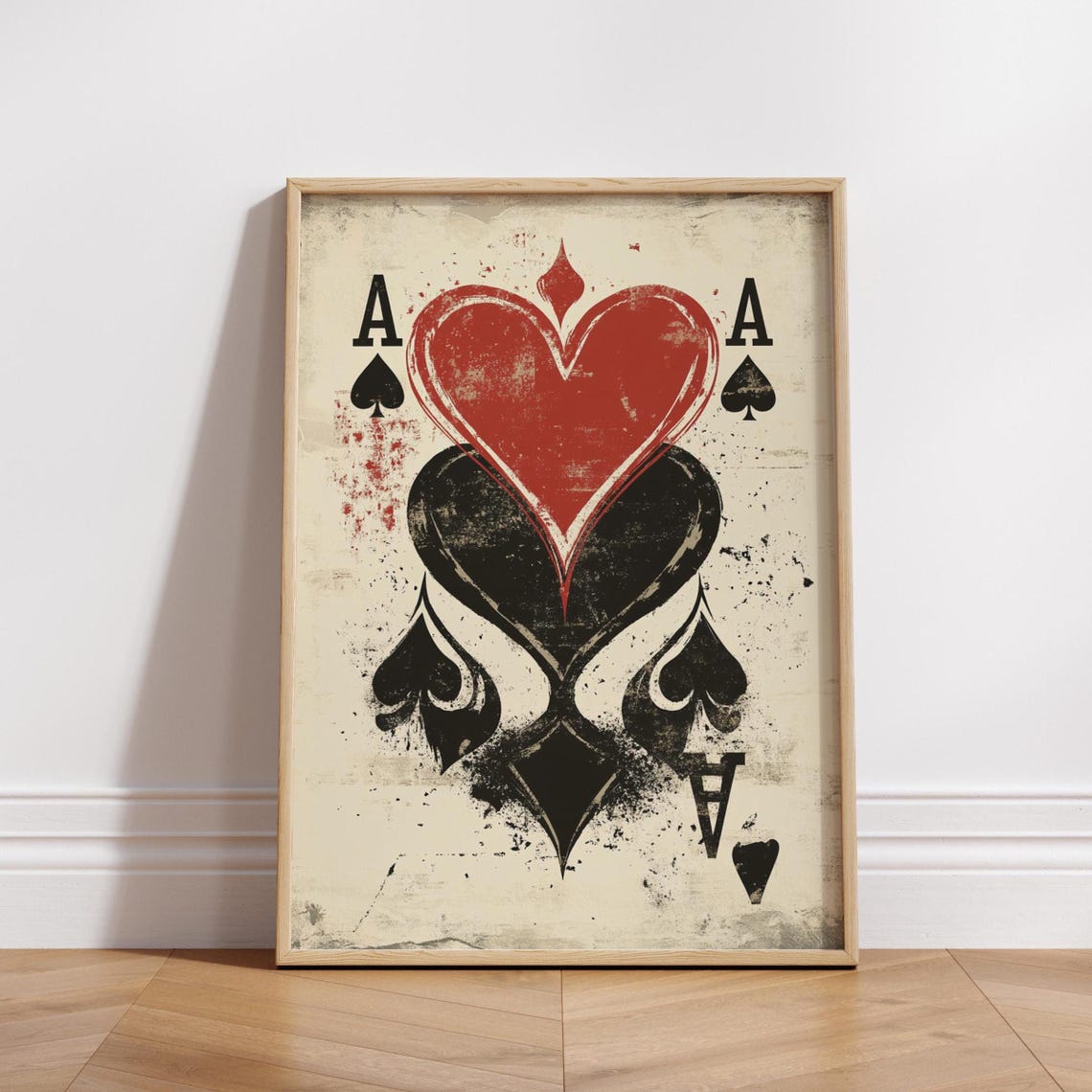 Ace Playing Card With Red Heart Black Spade Vintage Grunge Poster