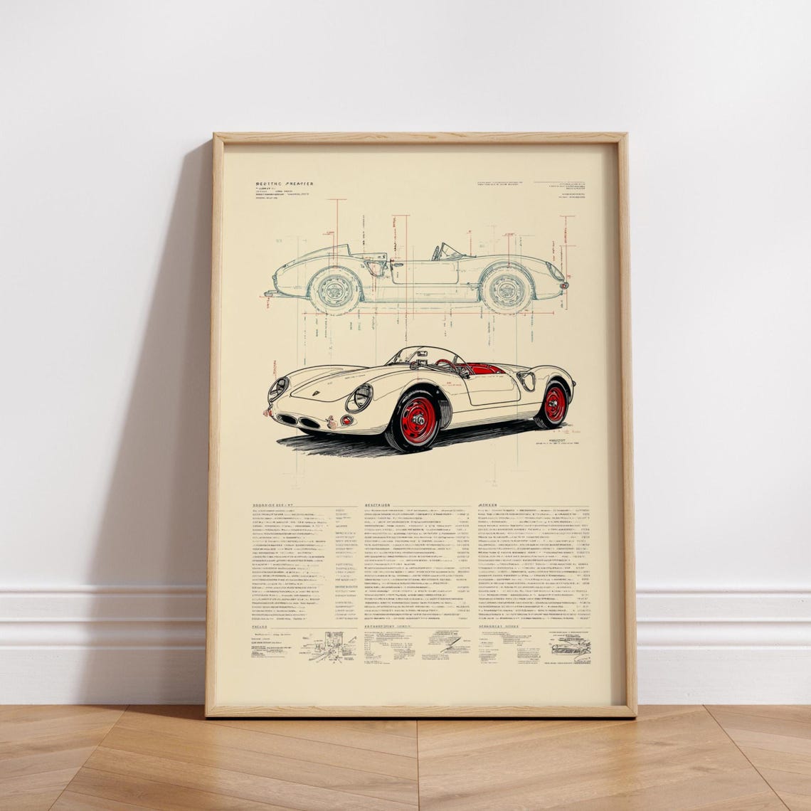 Vintage Race Car Blueprint Technical Drawing Cream Automotive Wall Art