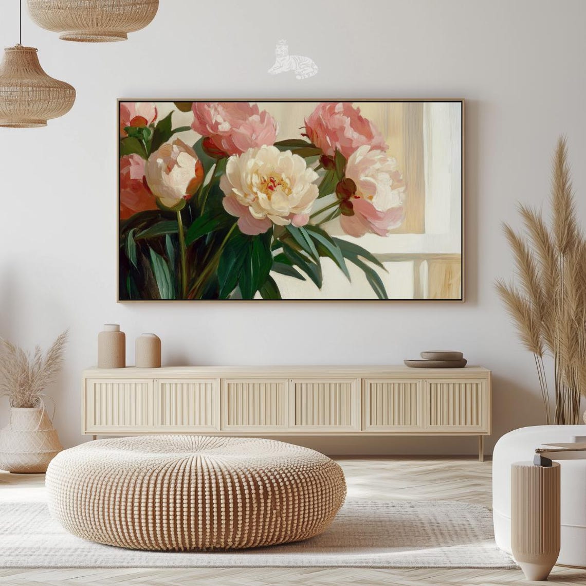 Soft Pink Peony Bouquet Oil Painting Romantic Window Light Floral Art - Image 2