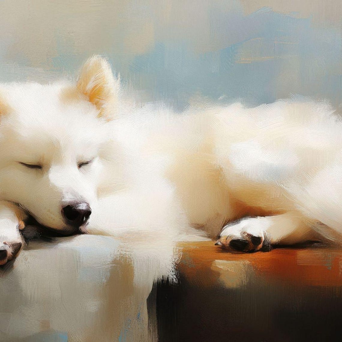 Sleeping White Fluffy Dog On Cozy Sofa Peaceful Puppy Nap Print - Image 4