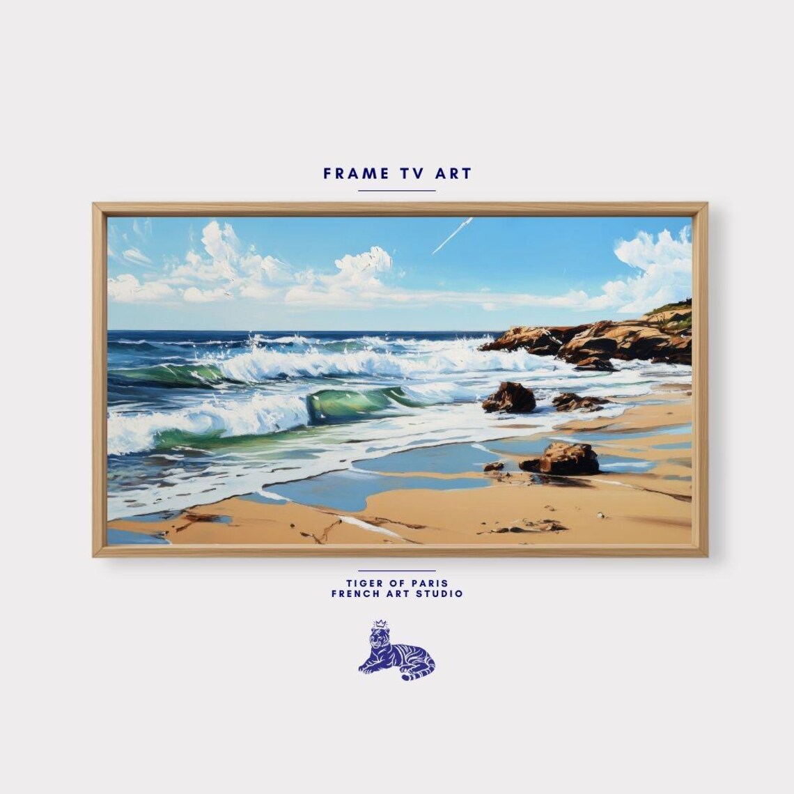 Rocky Shoreline Crashing Waves Sandy Beach Ocean View Seascape Print