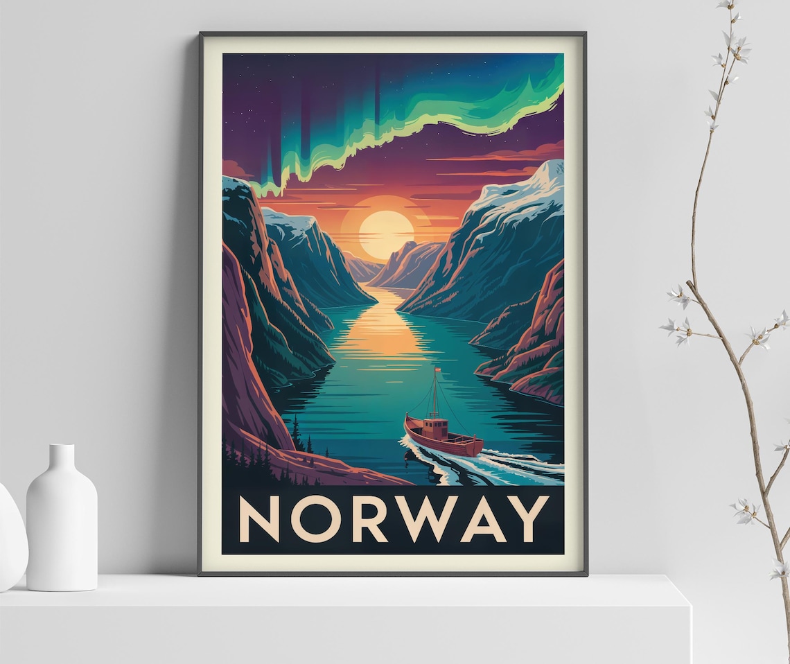 Norway Fjord Northern Lights Boat Journey Twilight Travel Poster