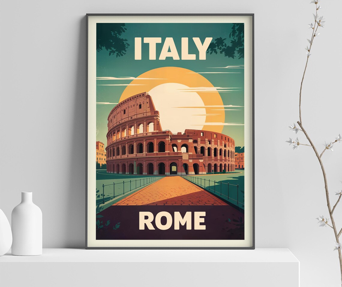 Italy Rome Colosseum Sunset Ancient Landmark Vintage Travel Poster
