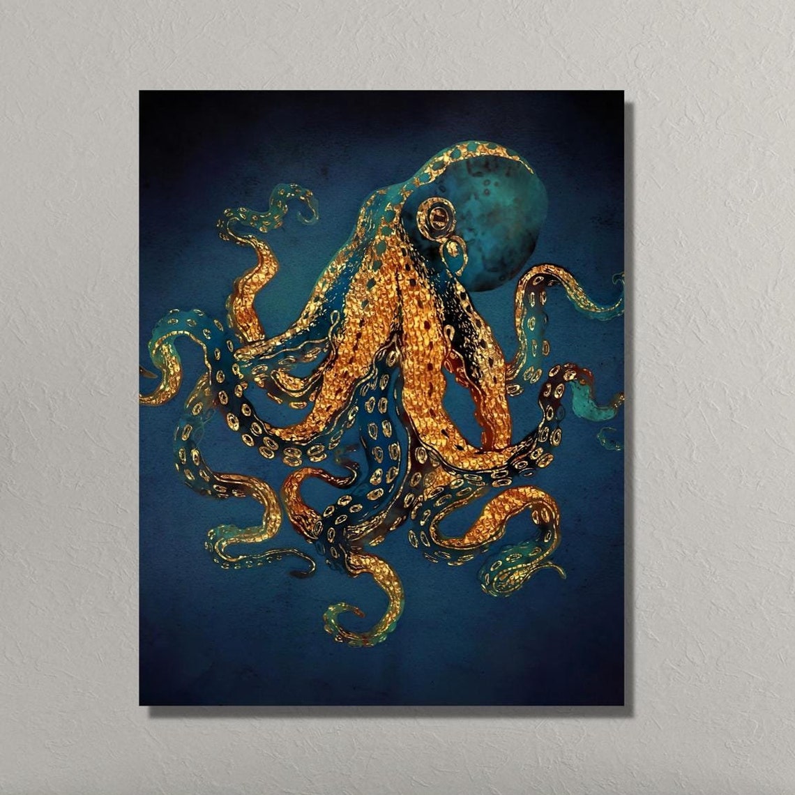 Golden Octopus on Deep Navy Blue Tentacle Sea Creature Art Poster - Image 3