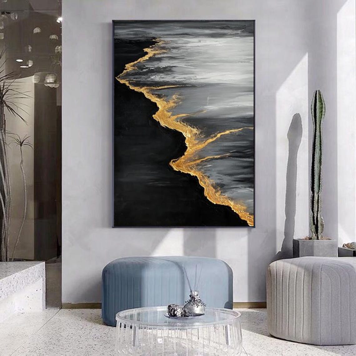 Black Sand Beach With a Golden Foil Shoreline Abstract Wall Art - Image 4