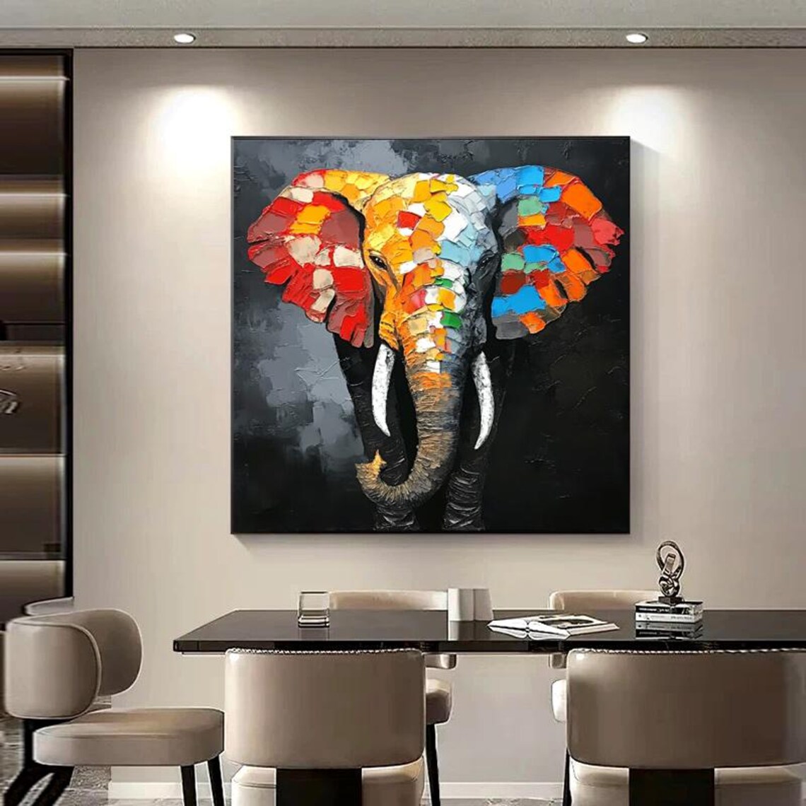 Colorful Mosaic Elephant Head On Deep Black Background Statement Art Poster - Image 6