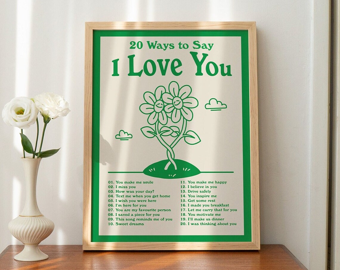 20 Ways to Say I Love You Retro Flowers List Quote Poster Gift