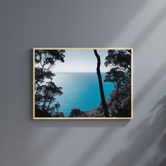 Blue Ocean Horizon Coastal Landscape Selective Color Tree Frame Art Poster