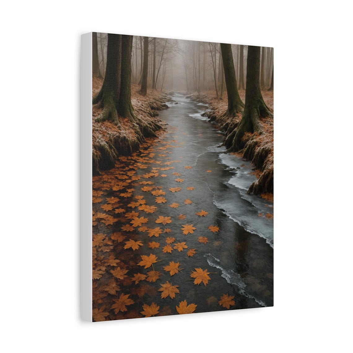 Misty Forest Stream Autumn Fallen Leaves Landscape Nature Print