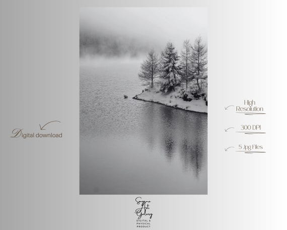 Snowy Winter Lake Wall Art Minimal Black White Landscape Serene Monochrome Forest Scene