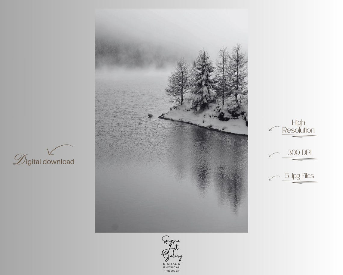 Snowy Winter Lake Minimal Black White Landscape Serene Poster