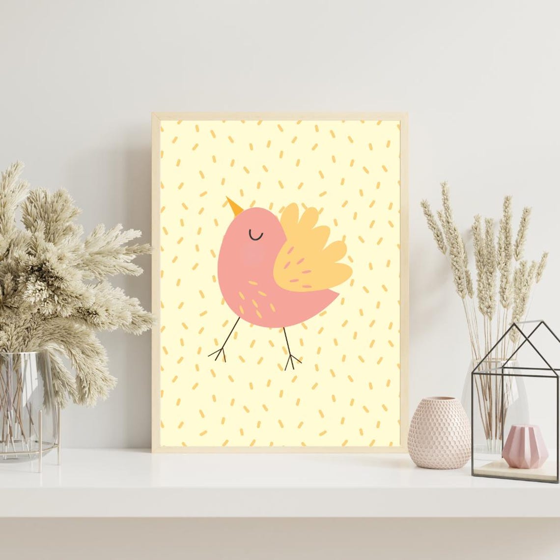 Joyful Yellow Birds Nursery Print Cheerful Baby Bird Art Kids Decor