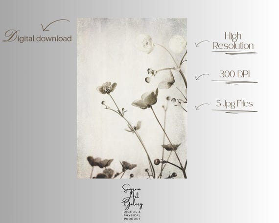 Vintage Flower Print Sepia Botanical Wall Art With Delicate Blooms Antique Style Poster For Rustic Decor