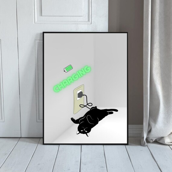 Funny Charging Cat Plugged In Tech Humor Bedroom Animal Poster