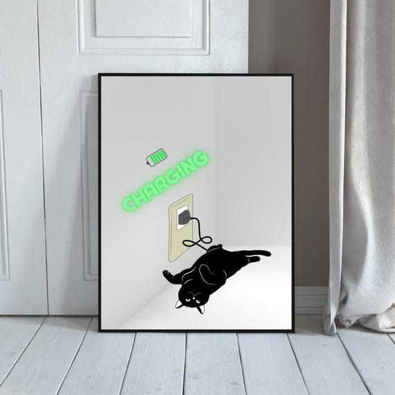 Funny Charging Cat Wall Art Black Laying By Outlet Poster Humorous Animal Print For Bedroom Office Or Tech Lovers