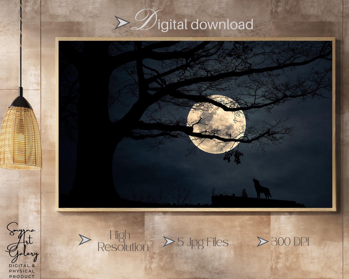 Full Moon Wolf Silhouette Night Forest Gothic Dark Tree Wall Art