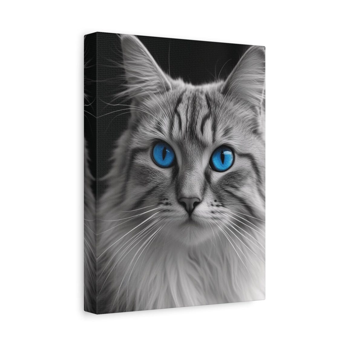 Gray Cat Blue Eyes Black White Feline Portrait Striking Wall Art