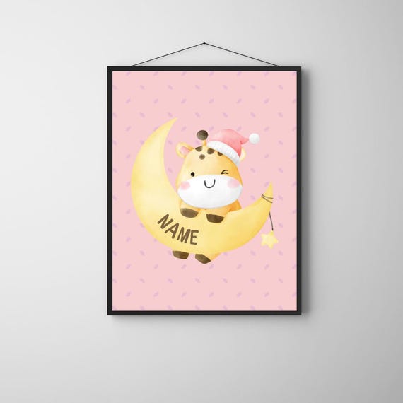Custom Giraffe Nursery Wall Art Personalized Moon Baby Name Print Pink Kids Room Decor