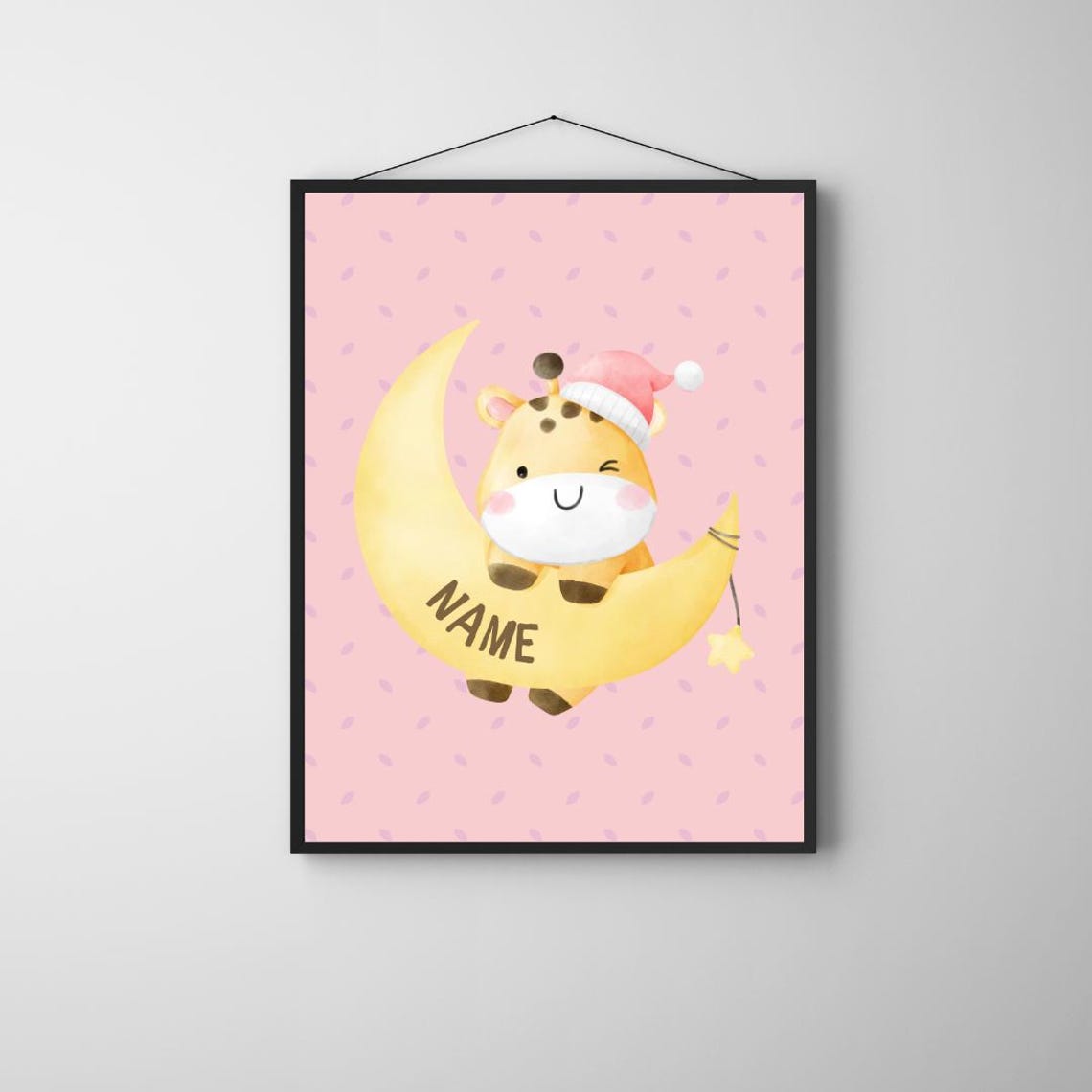 Personalized Giraffe Moon Name Poster Watercolor Nursery Sleepy Baby