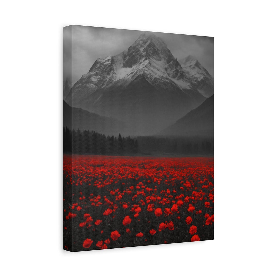 Red Poppy Field Dark Mountain Striking Selective Color Photo Poster