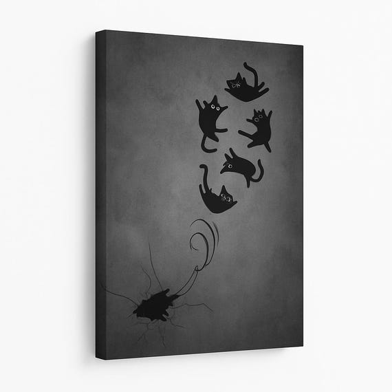 Funny Black Cat Canvas Wall Art Minimalist Grey Lover Dcor Falling Cats Humour Modern Living Room Print Fuzziness