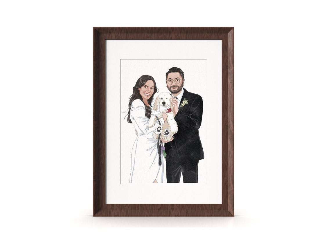 Bride and Groom Holding White Dog Custom Wedding Portrait Art Poster