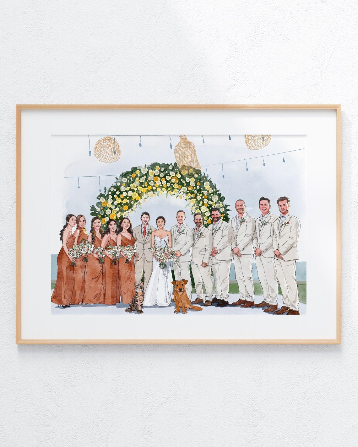 Wedding Party Group Portrait With Dog and Cat Watercolor Art Poster