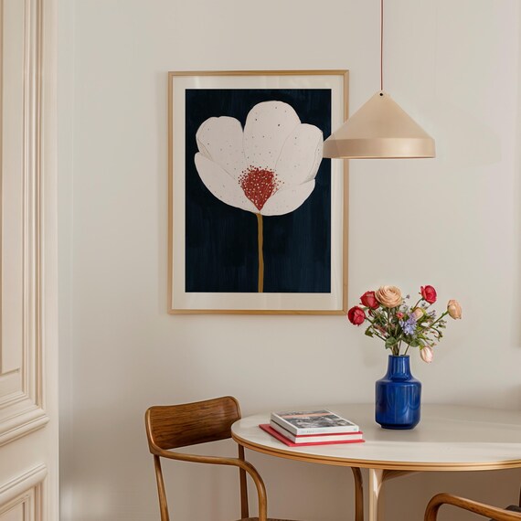 Modern Minimalist White Flower Red Center Dark Navy Art Poster