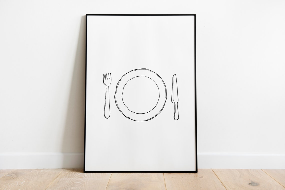 Minimal Dinner Plate Fork Knife Line Drawing Kitchen Sketch Poster