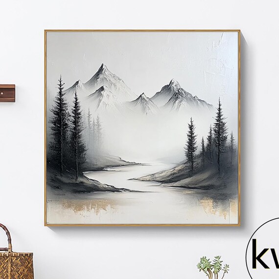 Large Black And White Abstract Mountains Painting On Landscape Acrylic Painting Modern Forest Scenery Wall Art Office Decor