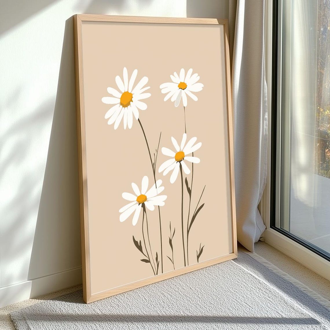 White Daisy Modern Minimalist Botanical Beige Floral Wall Art - Image 3