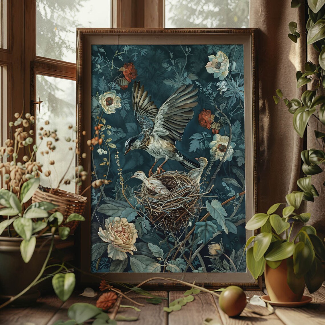 Bird Landing In Nest Moody Botanical Floral Illustration Poster - Image 3