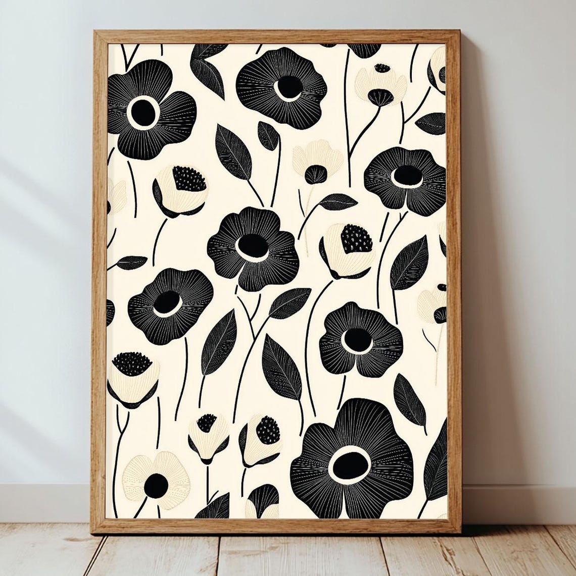 Black and Cream Monochrome Poppy Pattern Modern Floral Wall Art
