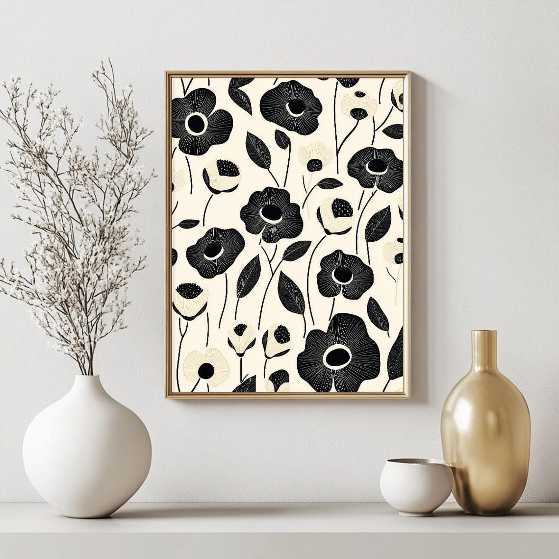 Black and Cream Monochrome Poppy Pattern Modern Floral Wall Art - Image 2