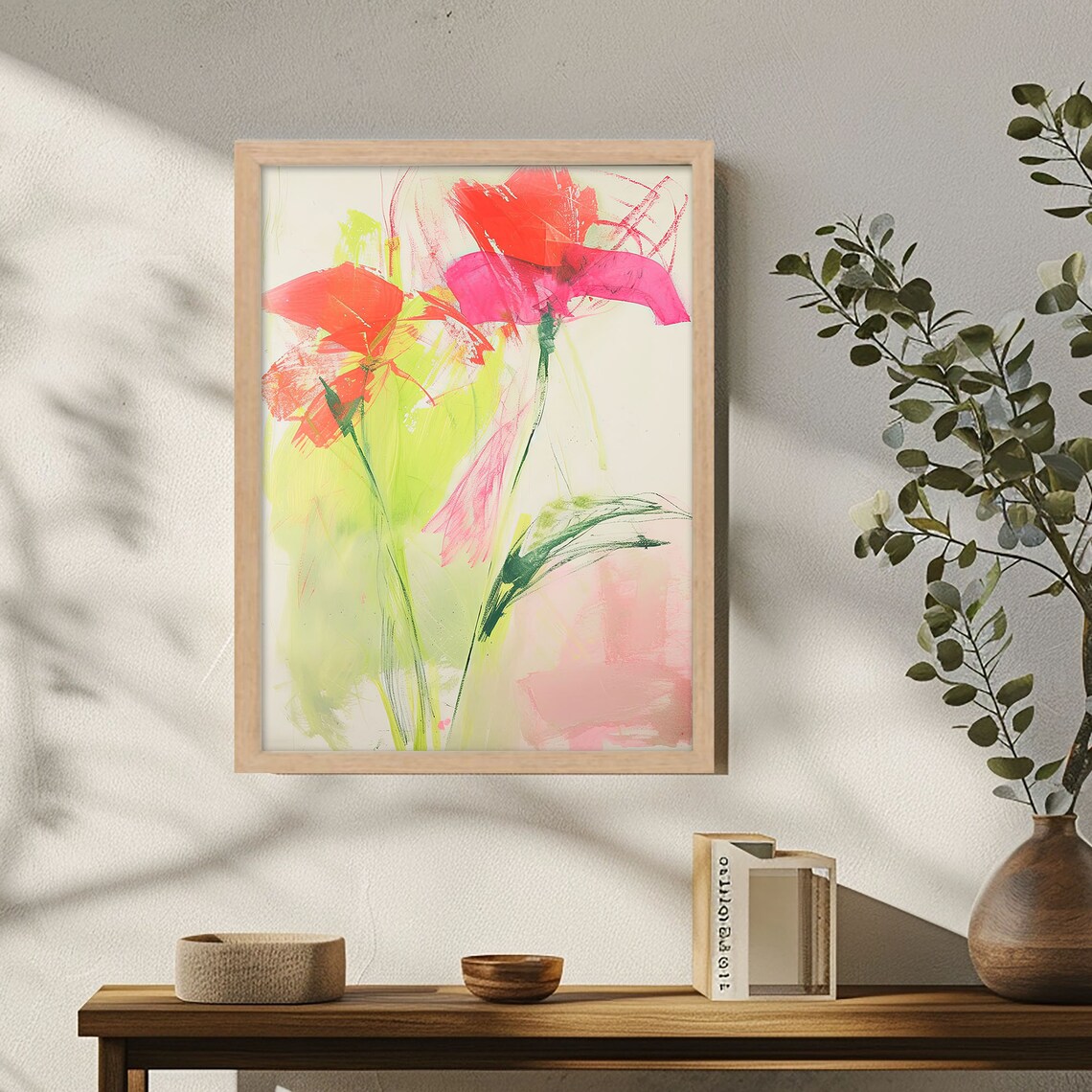 Bold Red Abstract Flowers Lime Green Watercolor Modern Art Poster - Image 4