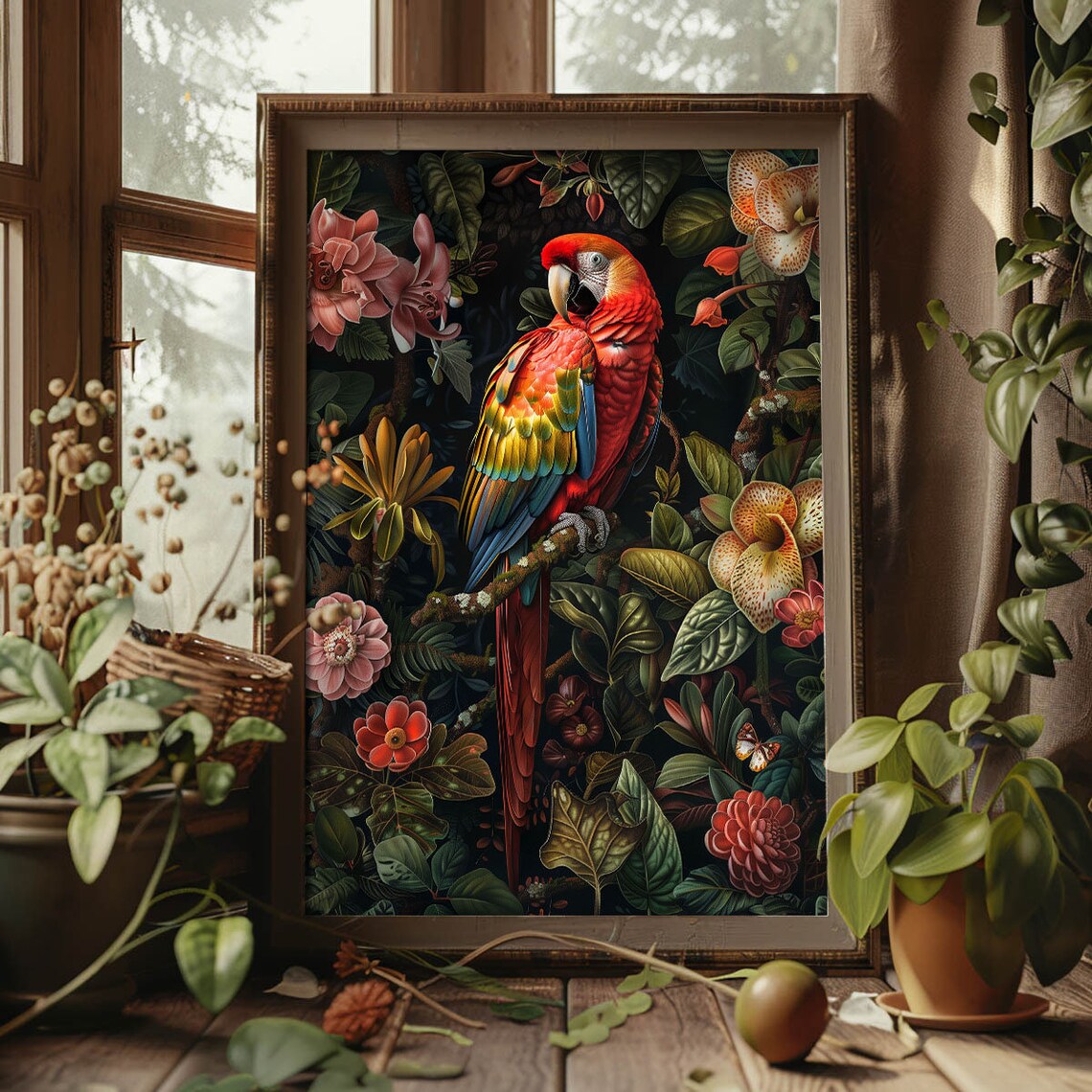 Bold Scarlet Macaw Parrot Dark Tropical Floral Jungle Art Poster - Image 3