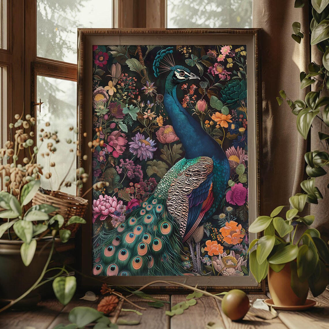Colorful Peacock Among Flowers Dark Botanical Garden Night Art Poster - Image 3