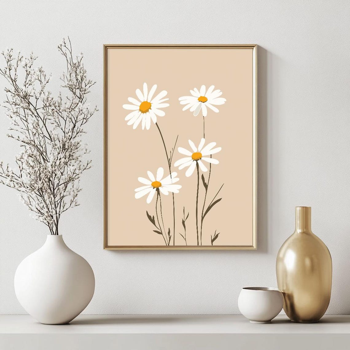 White Daisy Modern Minimalist Botanical Beige Floral Wall Art - Image 2