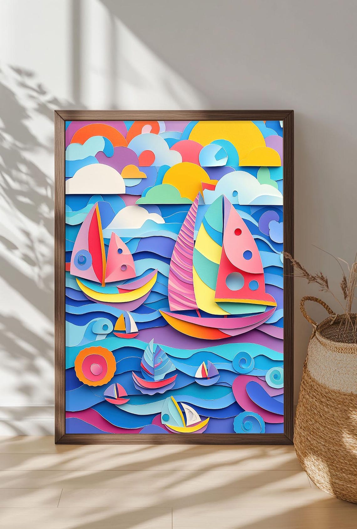 Playful Paper Cut Sailboats Layered Ocean Kids Room Wall Art - Image 4