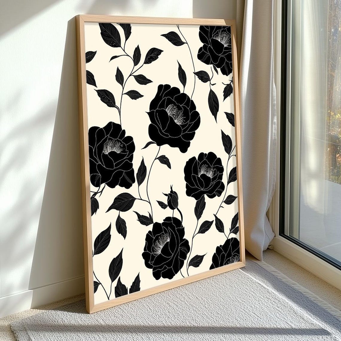 Modern Black Floral Pattern on Cream Elegant Botanical Wall Art - Image 3