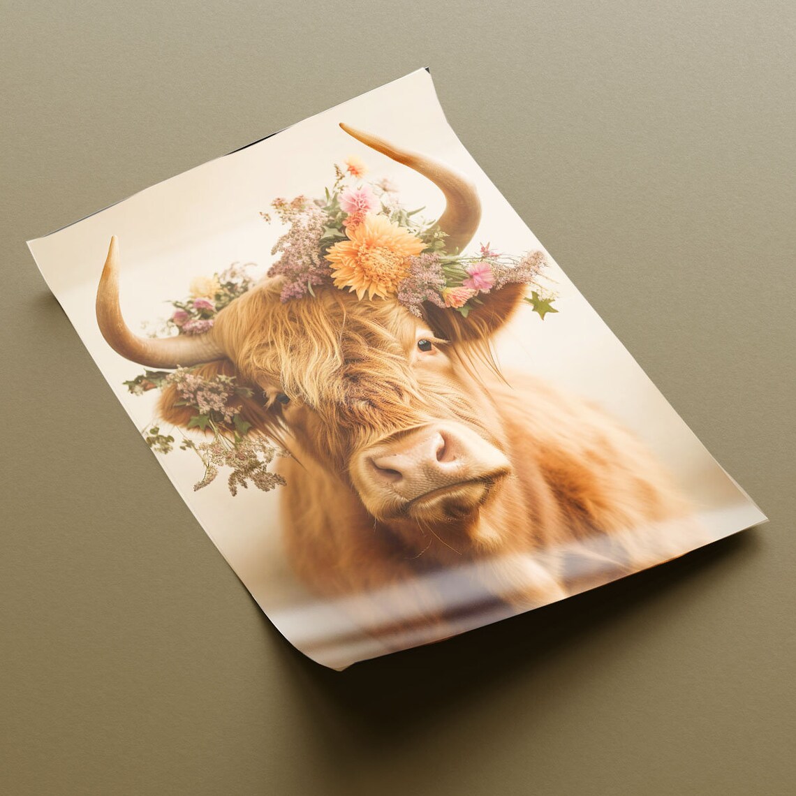 Highland Cow Flower Crown Portrait Warm Rustic Farmhouse Poster - Image 4