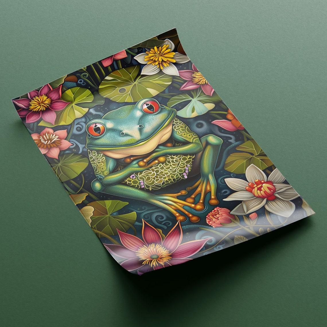 Green Tree Frog Lotus Flowers Midnight Pond Whimsical Art Poster - Image 2