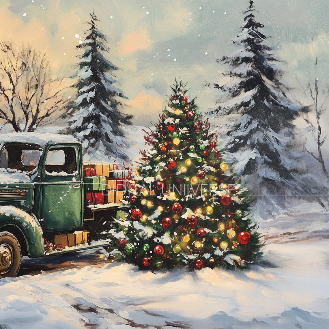 Vintage Green Truck with Gifts and Christmas Tree Snowy Farm Poster - Image 3