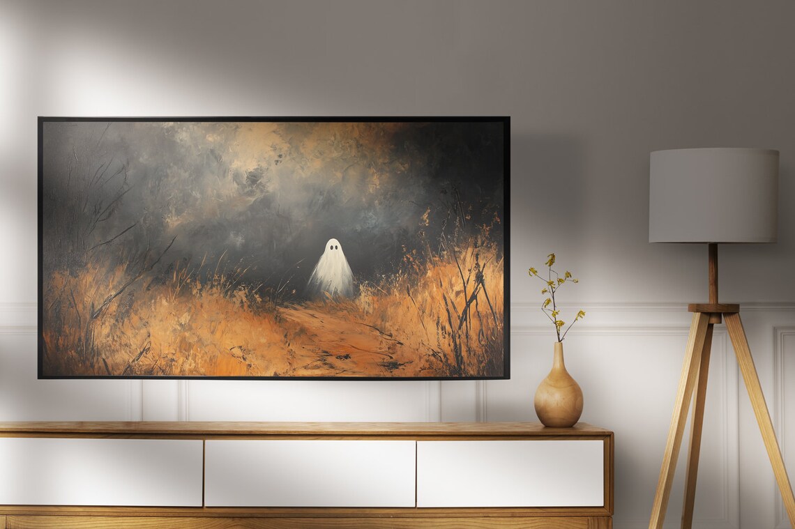 Lone White Ghost Misty Orange Path Dark Spooky Landscape Painting Poster - Image 7