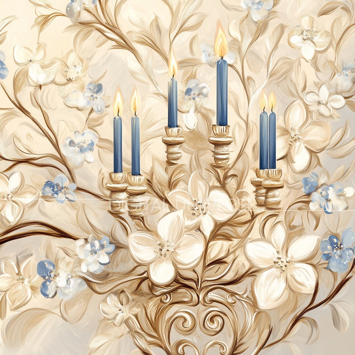 Golden Menorah with Blue Candles Among Blooms Hanukkah Floral Poster - Image 4