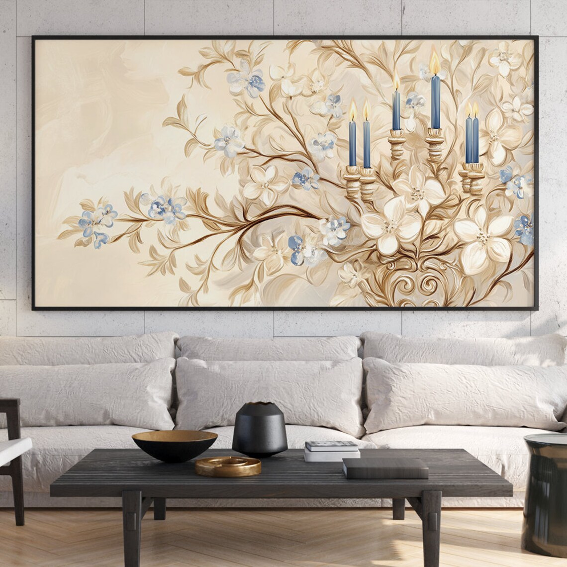 Golden Menorah with Blue Candles Among Blooms Hanukkah Floral Poster - Image 6